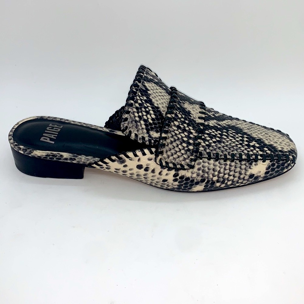 PAIGE Whipstitch Eden Mule Shoe Black 8 1/2 Snakeskin Embossed Leather Slide-on